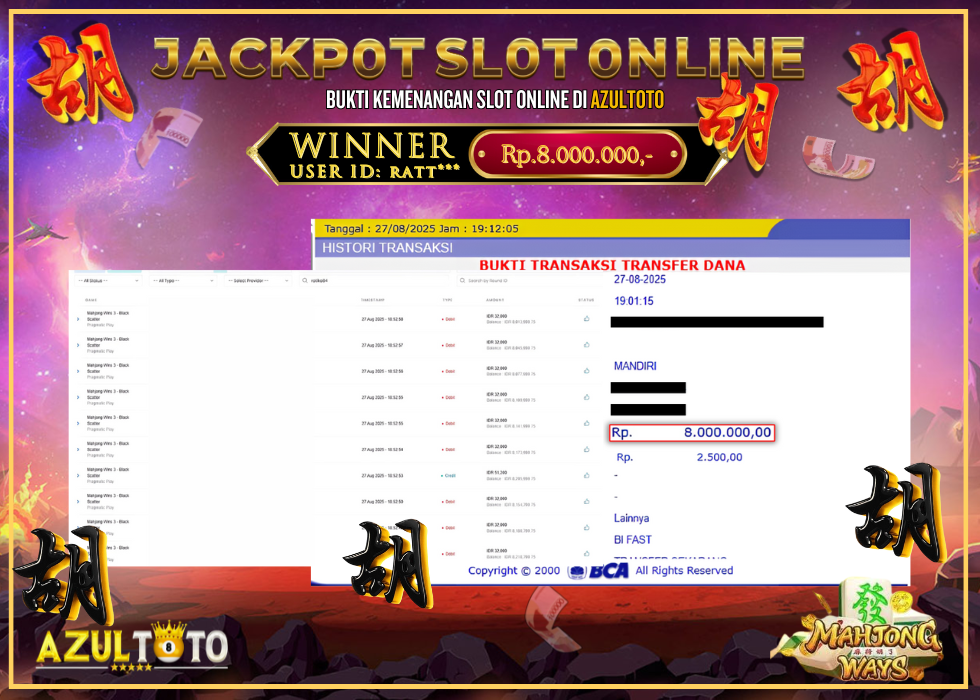 JACKPOT SLOT MAHJONG WAYS RP.3.000.000,- LUNAS DI AZULTOTO!