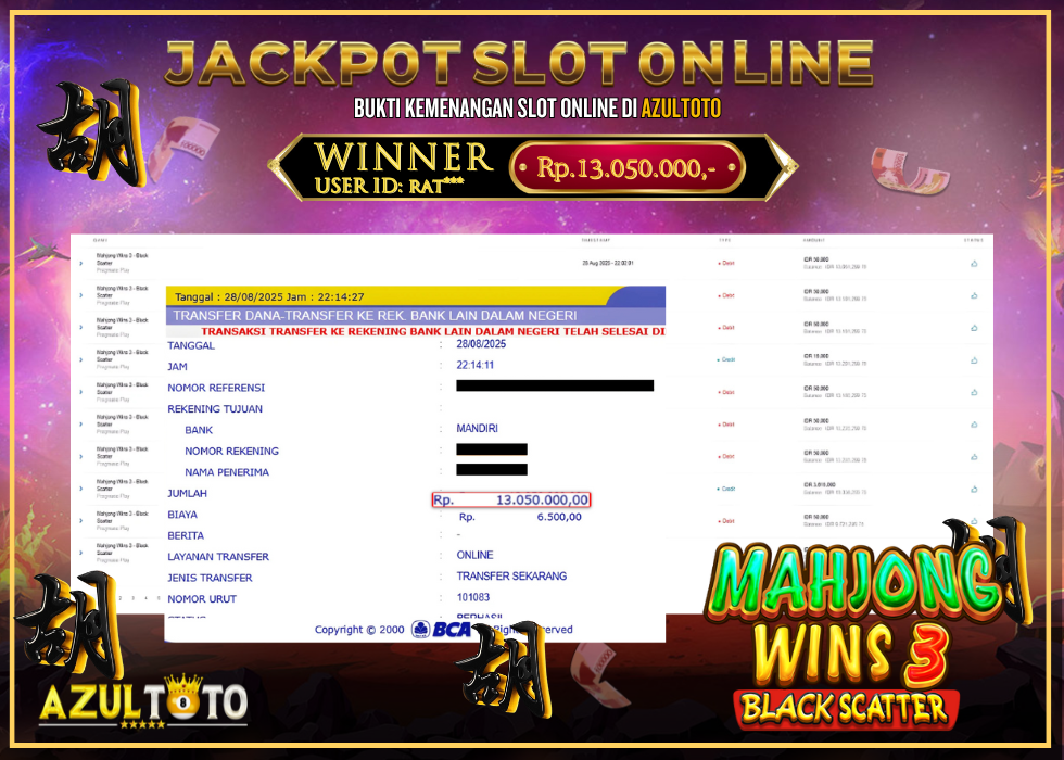 JACKPOT SLOT MAHJONG WINS3 RP.13.050.000,- LUNAS DI AZULTOTO!