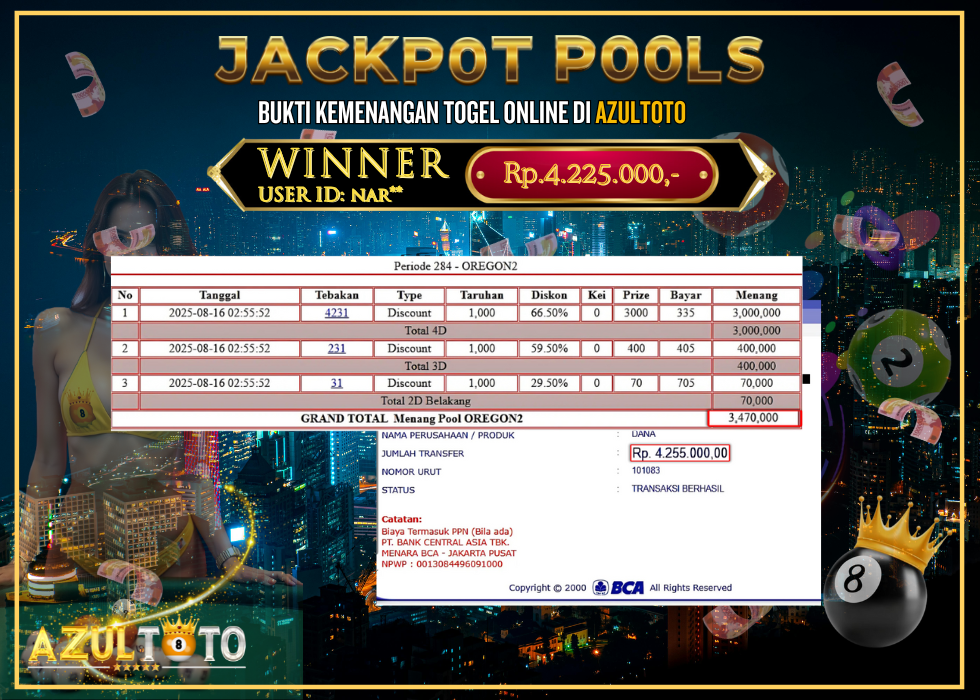 JACKPOT TOGEL OREGON 2 RP.4.255.000,- LUNAS DI AZULTOTO!