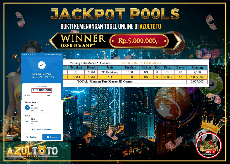 JACKPOT TOGEL TOTO MACAU 5D RP.5.000.000,- LUNAS DI AZULTOTO!