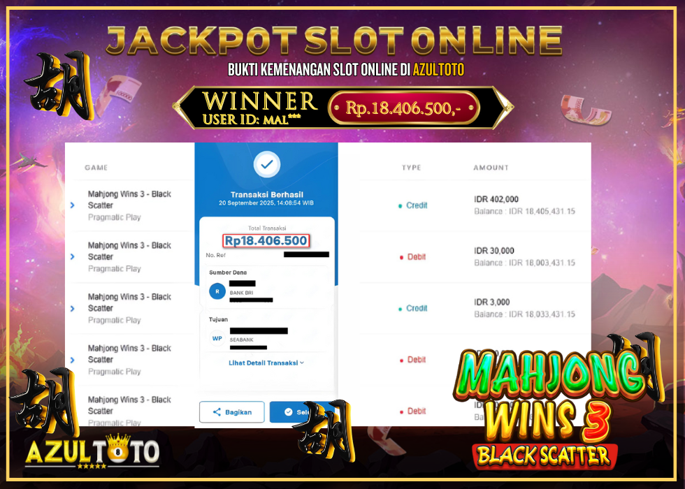 JACKPOT SLOT MAHJONG WINS 3 RP.18.406.500,- LUNAS DI AZULTOTO!