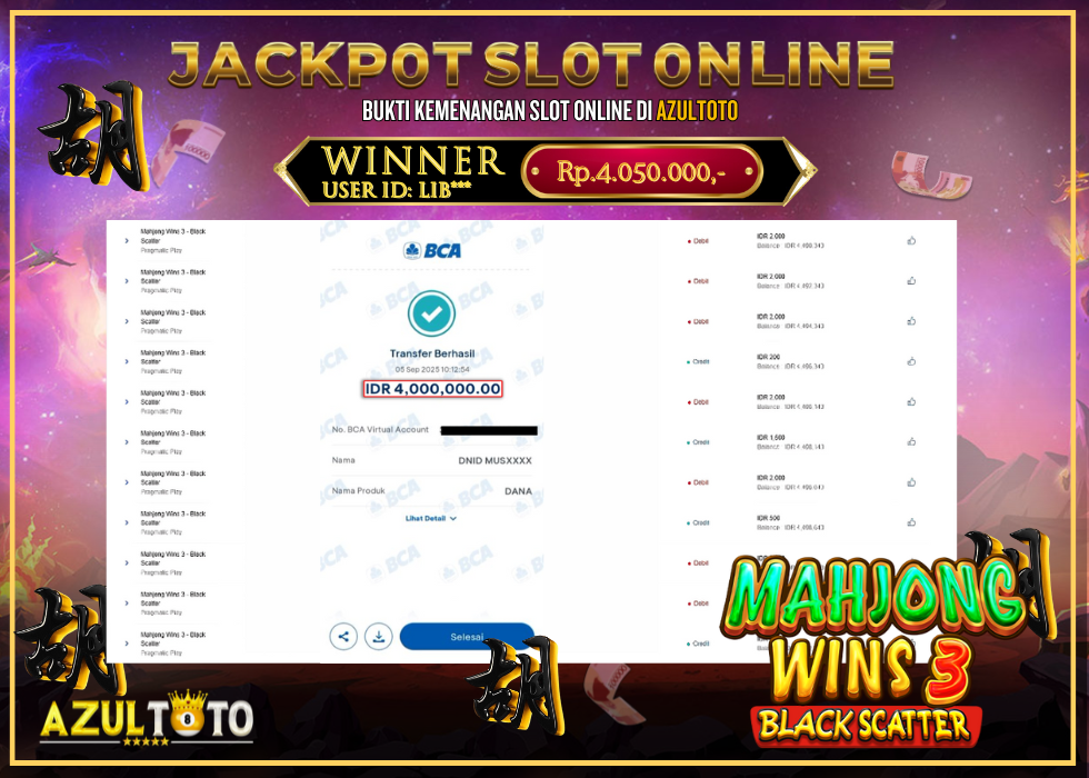 JACKPOT SLOT MAHJONG WINS3 RP.4.000.000,- LUNAS DI AZULTOTO!