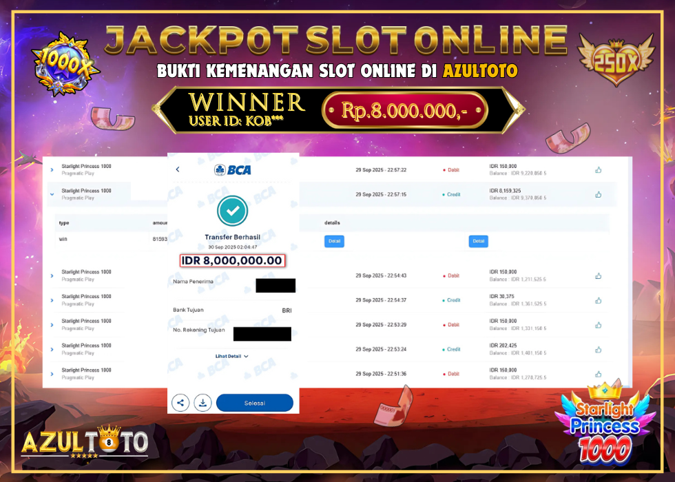 JACKPOT SLOT STARLIGHT PRINCESS 1000 RP.8.000 000.00,- LUNAS DI AZULTOTO!