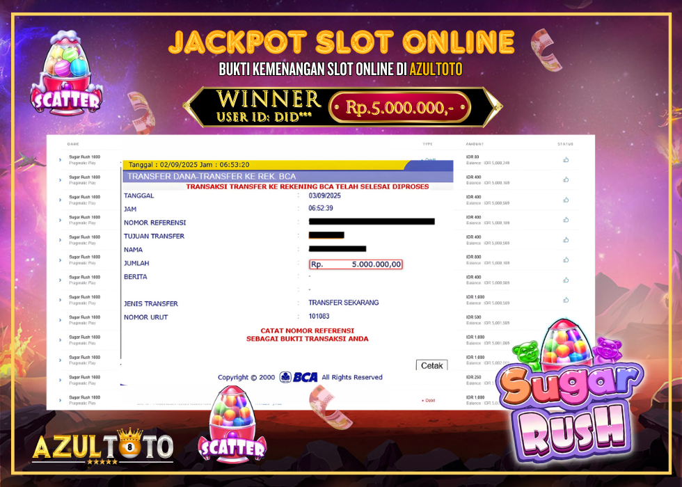 JACKPOT SLOT SUGAR RUSH 1000 RP.5.000.000,- LUNAS DI AZULTOTO!