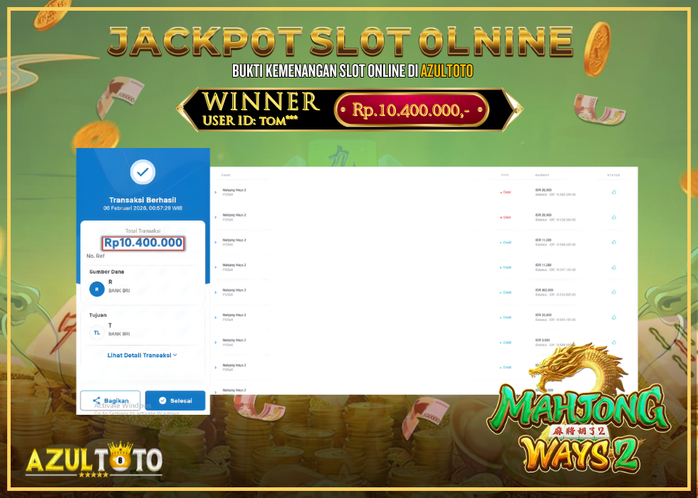 JACKPOT SLOT MAHJONG WAYS 2 RP.10.400.000,- LUNAS DI AZULTOTO!