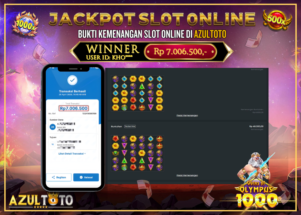 JACKPOT SLOT 𝐺𝐴𝑇𝐸𝑆 𝑂𝐹 𝑂𝐿𝑌𝑀𝑃𝑈𝑆 𝟷𝟶𝟶𝟶 RP.7.006.500,- LUNAS DI AZULTOTO!