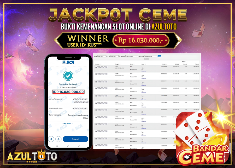 JACKPOT 𝐵𝐴𝑁𝐷𝐴𝑅 𝐶𝐸𝑀𝐸 RP.16.030.000,- LUNAS DI AZULTOTO!